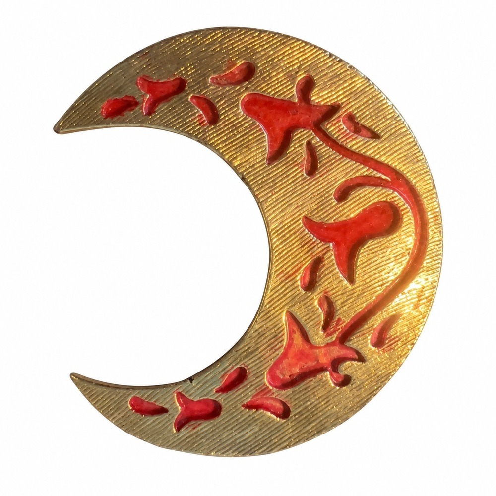 Gerrys Vintage Brooch Gold Tone Red Enamel Crescent Moon Celestial Textured Pin